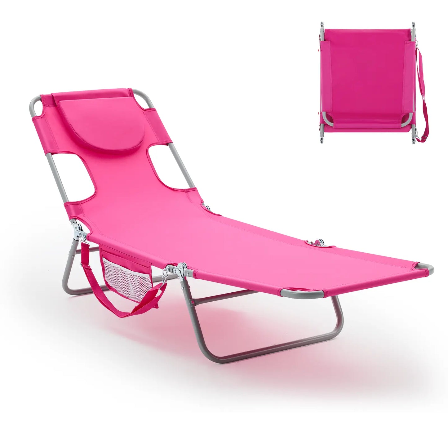 Folding Portable Beach Lounge Chair with Adjustable Backrest, Backpack Straps & Side Pocket