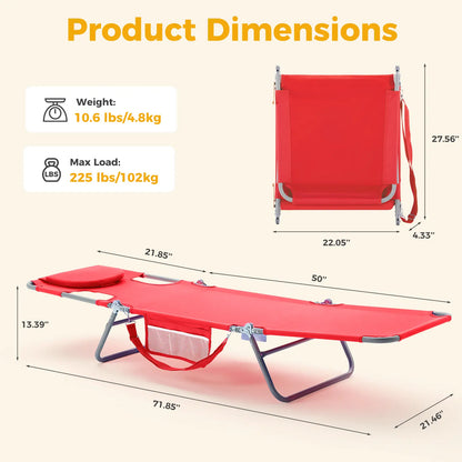 Folding Portable Beach Lounge Chair with Adjustable Backrest, Backpack Straps & Side Pocket