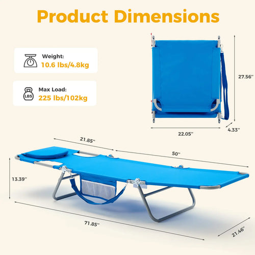 Folding Portable Beach Lounge Chair with Adjustable Backrest, Backpack Straps & Side Pocket