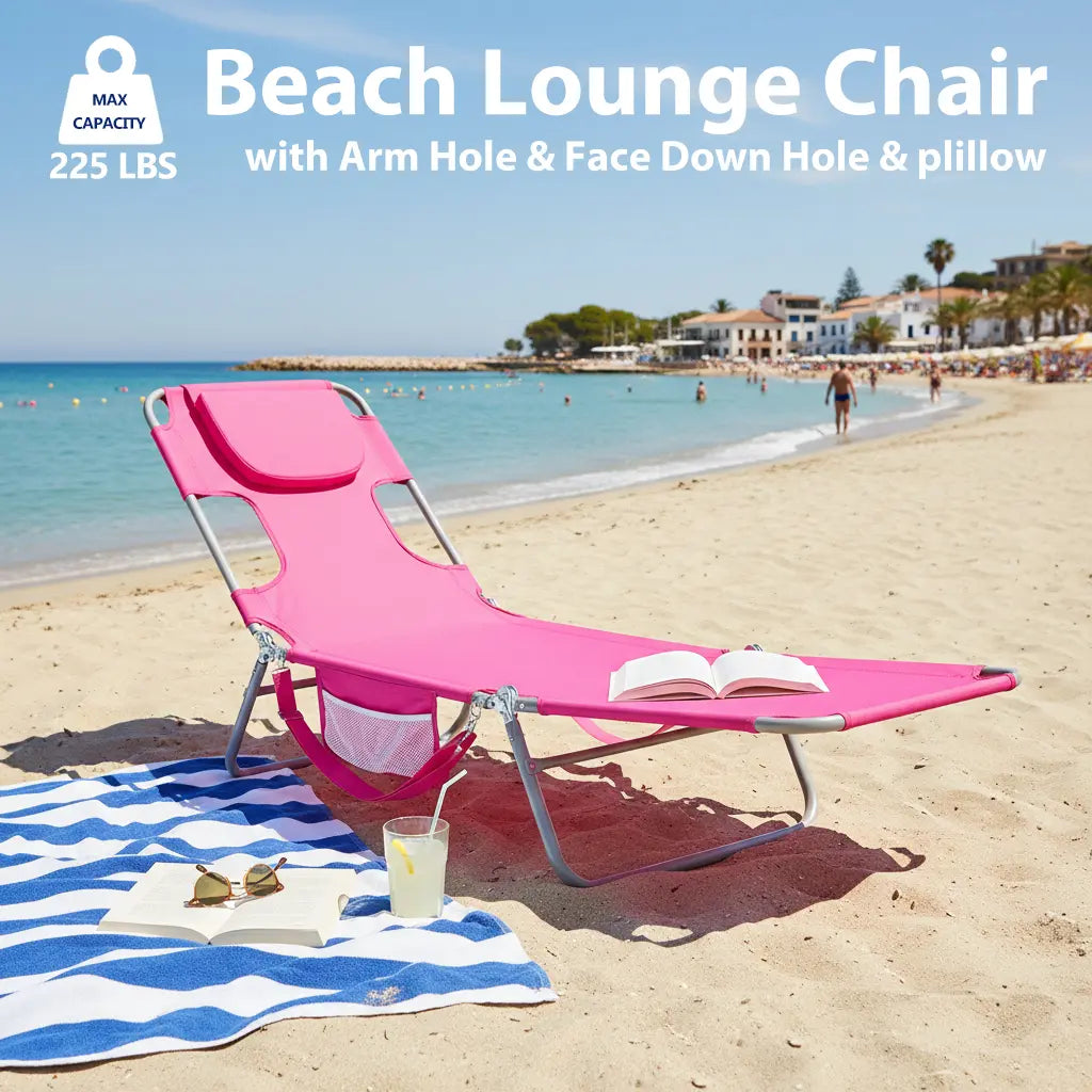Folding Portable Beach Lounge Chair with Adjustable Backrest, Backpack Straps & Side Pocket