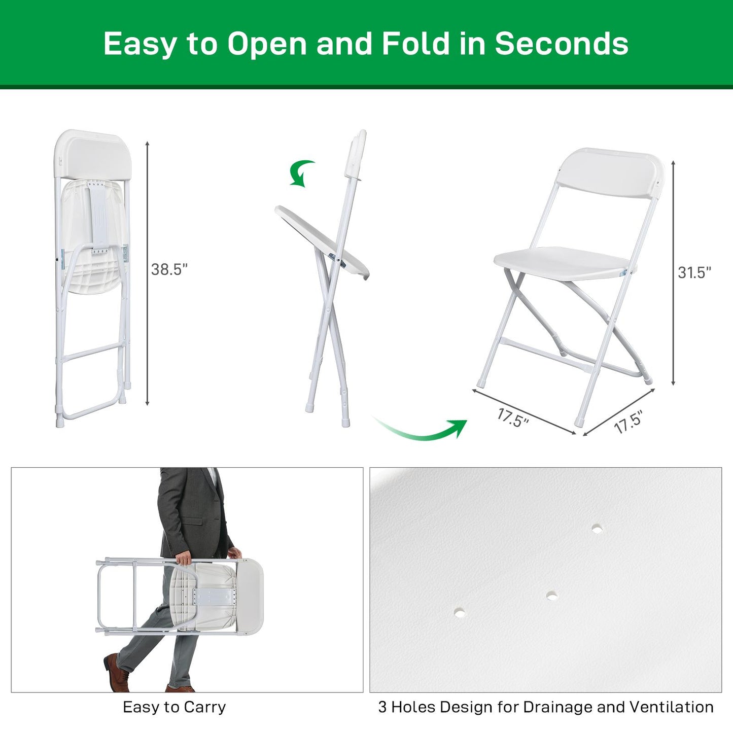 4/6/10-Pack White & Black Plastic Folding Chairs - Indoor/Outdoor, Stackable, Commercial-Grade Steel Frame, 350lb Capacity - Perfect for Events, Weddings, Parties, Picnics, Office, Kitchen, Dining