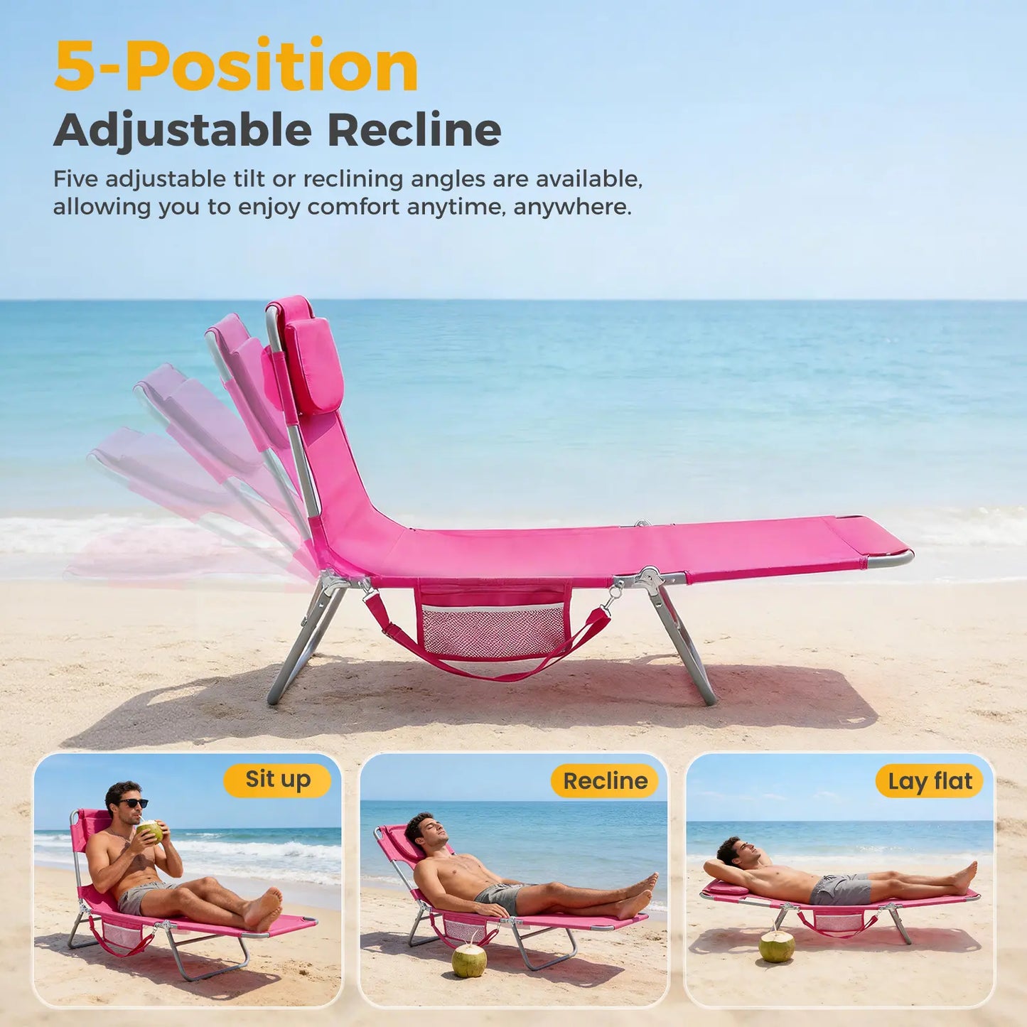 Folding Portable Beach Lounge Chair with Adjustable Backrest, Backpack Straps & Side Pocket